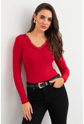 Kadın Kırmızı Ön Arka V Dantelli Bluz AYD406