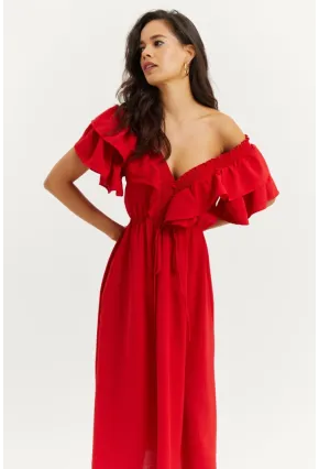 Kadın Kırmızı Ön Arka V Volanlı Elbise KS113