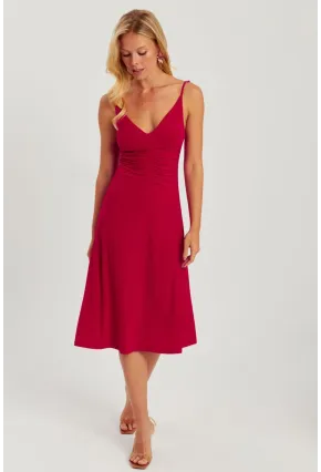 Kadın Kırmızı Önü Büzgülü Midi Elbise HO046