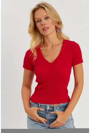 Kadın Kırmızı Önü Büzgülü V Yaka Bluz AYD309