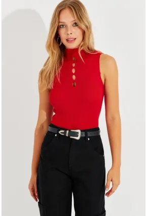 Kadın Kırmızı Önü Damla Kolsuz Triko Bluz YV112