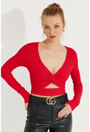 Kadın Kırmızı Önü Düğümlü Crop Bluz AYD244
