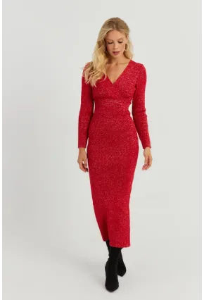 Kadın Kırmızı Simli Kruvaze Triko Maxi Elbise KED3578