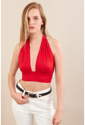 Kadın Kırmızı Sırt Ve Boyun Bağlamalı Bluz EY1472