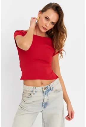 Kadın Kırmızı Sırtı Açık Crop Bluz ZH007