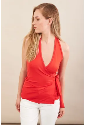 Kadın Kırmızı Sırtı Açık Kruvaze Bluz Ey3095
