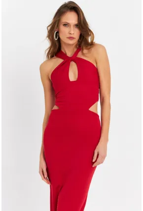 Kadın Kırmızı Sırtı Açık Pencereli Maxi Elbise DCF232