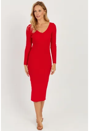 Kadın Kırmızı Sırtı Çapraz Triko Midi Elbise YZ407