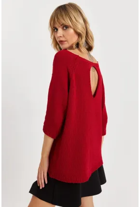Kadın Kırmızı Sırtı Damla Triko Bluz YV267