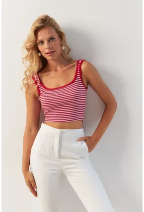 Kadın Kırmızı-Siyah İkili Kare Yaka Çizgili Bluz XL2040