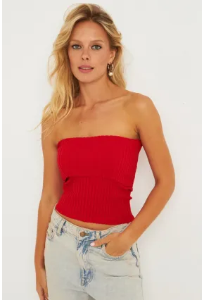 Kadın Kırmızı Straplez Triko Bluz YV240