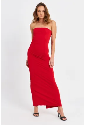 Kadın Kırmızı Straplez Yırtmaçlı Midi Elbise XC005
