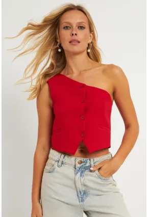 Kadın Kırmızı Tek Omuz Astarlı Yelek TW60140