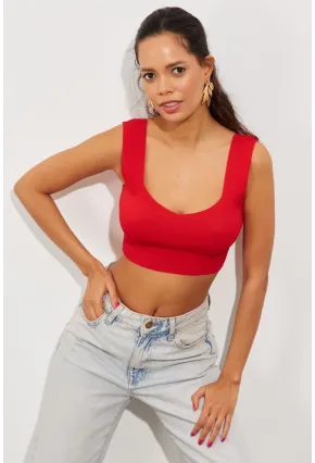 Kadın Kırmızı Triko Crop Atlet YV118