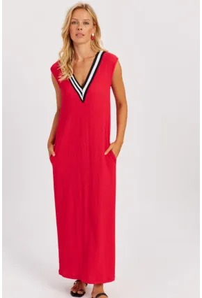 Kadın Kırmızı V Yaka Bloklu Maxi Elbise EY2779