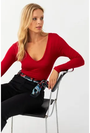 Kadın Kırmızı V Yaka Çıtçıtlı Body Fİ792