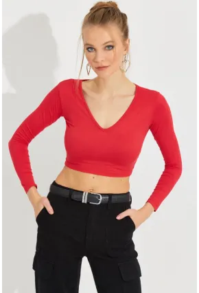 Kadın Kırmızı V Yaka Crop Bluz LPP1241