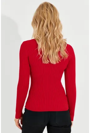 Kadın Kırmızı V Yaka Fitilli Triko Bluz SMT216