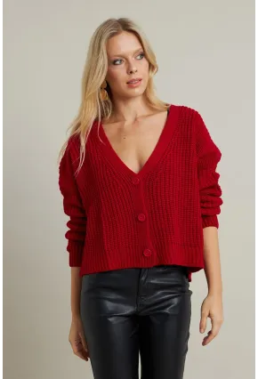 Kadın Kırmızı V Yaka Hırka KAZ35