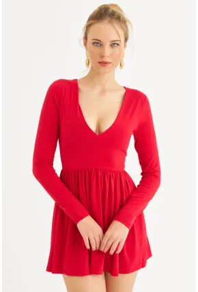 Kadın Kırmızı V Yaka Mini Elbise LİK17