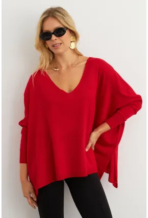 Kadın Kırmızı V Yaka Salaş Bluz YV304