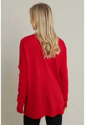 Kadın Kırmızı V Yaka Taşlı İnce Triko Bluz YİL002