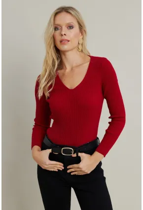 Kadın Kırmızı V Yaka Triko Bluz YV284