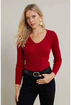 Kadın Kırmızı V Yaka Triko Bluz YV284