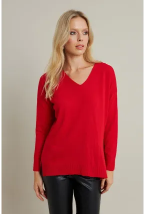 Kadın Kırmızı V Yaka Triko Kazak YİL549