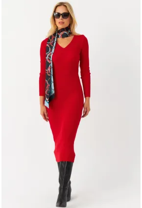 Kadın Kırmızı V Yaka Triko Midi Elbise YİL560