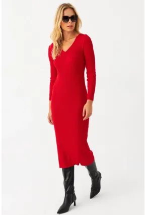 Kadın Kırmızı V Yaka Triko Midi Elbise YİL560