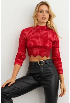 Kadın Kırmızı Vatkalı Triko Bluz RM612