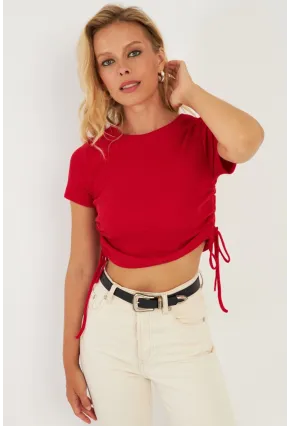 Kadın Kırmızı Yanları Büzgülü Kaşkorse Bluz AYD355
