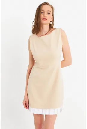 Kadın Krem Kontrast Pileli Mini Elbise FRY100