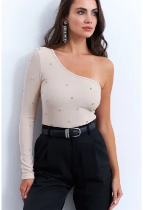 Kadın Krem Taşlı Tek Kol Crop Bluz HOL2
