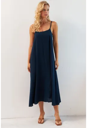 Kadın Lacivert Ayarlanabilir Askılı Midi Keten Elbise DMR355