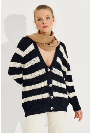 Kadın Lacivert Çizgili Salaş Hırka MİW8061