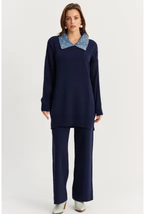 Kadın Lacivert Denim Yakalı İncili Alt Üst Triko Takım MNUV22