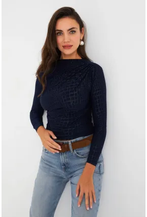 Kadın Lacivert Desenli Büzgülü Bluz LPP1279