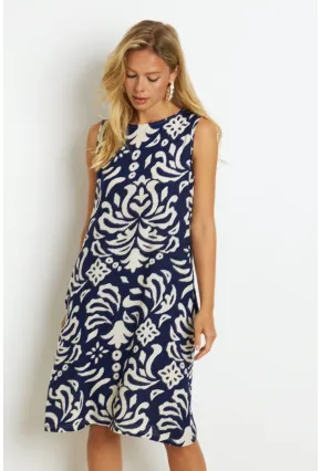 Kadın Lacivert Desenli Cepli Midi Elbise YZ1059