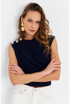 Kadın Lacivert Düğme Detaylı Büzgülü Bluz LPP1205-1