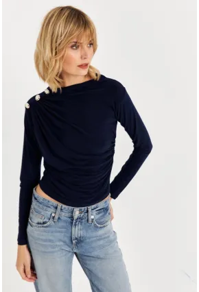 Kadın Lacivert Düğme Detaylı Büzgülü Bluz LPP1223-1