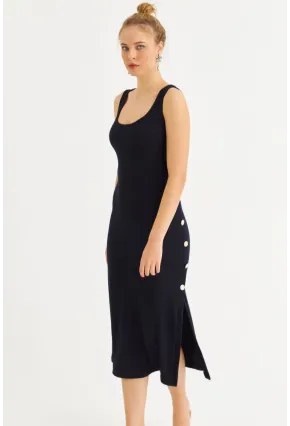 Kadın Lacivert Düğme Detaylı Kaşkorse Midi Elbise EY2837