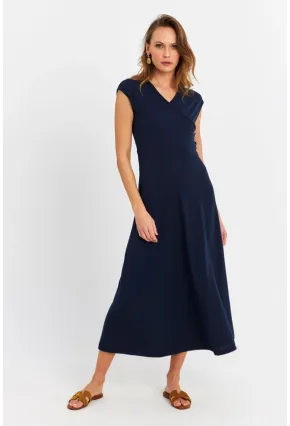 Kadın Lacivert Düğme Detaylı Kruvaze Midi Elbise MEY0011