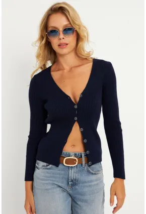 Kadın Lacivert Düğmeli Triko Hırka YV94