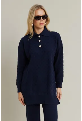 Kadın Lacivert İnci Düğmeli Triko Alt Üst Takım MNUV33