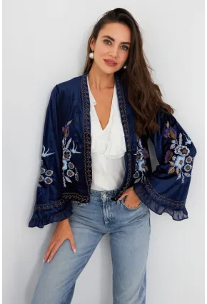 Kadın Lacivert İspanyol Kol Nakışlı Kadife Ceket QS5577