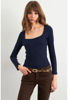 Kadın Lacivert Kare Yaka Kaşkorse Bluz GA101