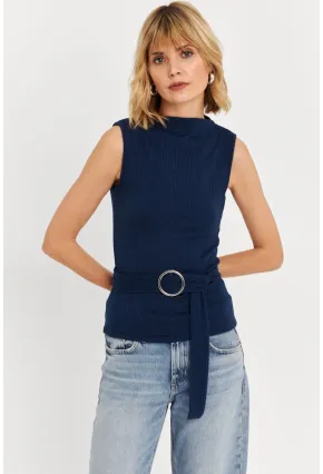 Kadın Lacivert Kemer Aksesuarlı Bluz TF67