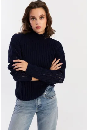 Kadın Lacivert Kolları File Triko Bluz YV288